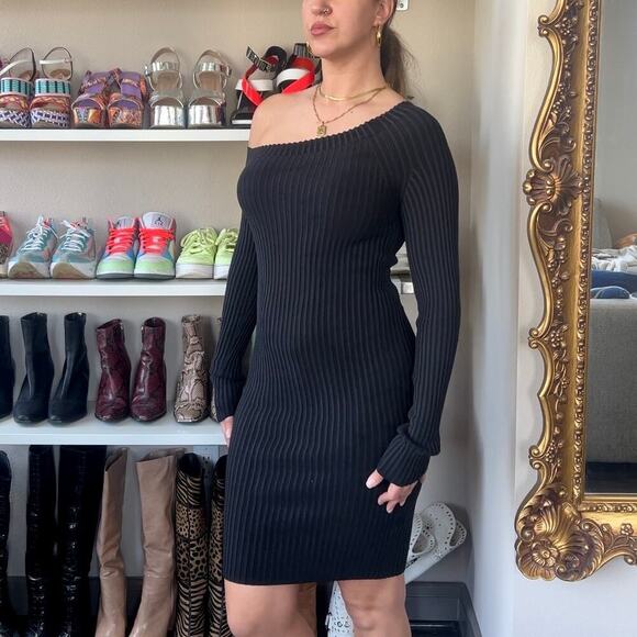 Helmut Lang Black Ribbed Dress Asymmetrical Neckline Size L - Picture 2 of 6